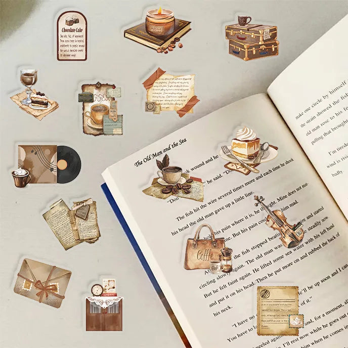 50/100PCS Transparent Retro Cafe Sticker Pack Waterproof Transparent PET Decorative Guitar Notebook Stationery Stickers