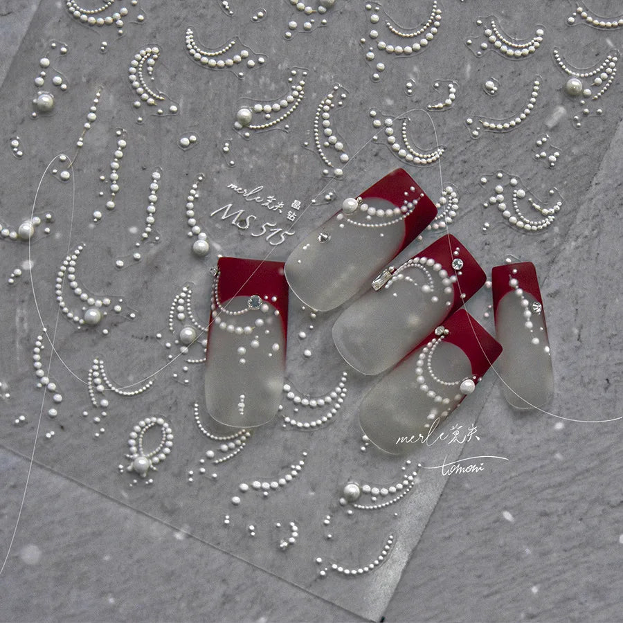 Classic White Flowers Nail Charms Stickers 5D Embossed Pearls Flowers Ribbon Design Nail Art Stickers DIY 3D Manicure Decoration
