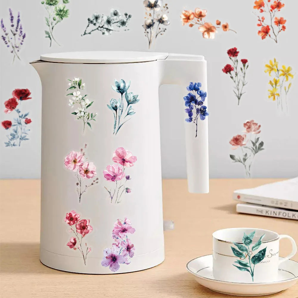 50PCS Color Ink Flower Sticker Pack Waterproof Transparent PET Brochure Flower Material Decorative Notebook Waterproof Stickers