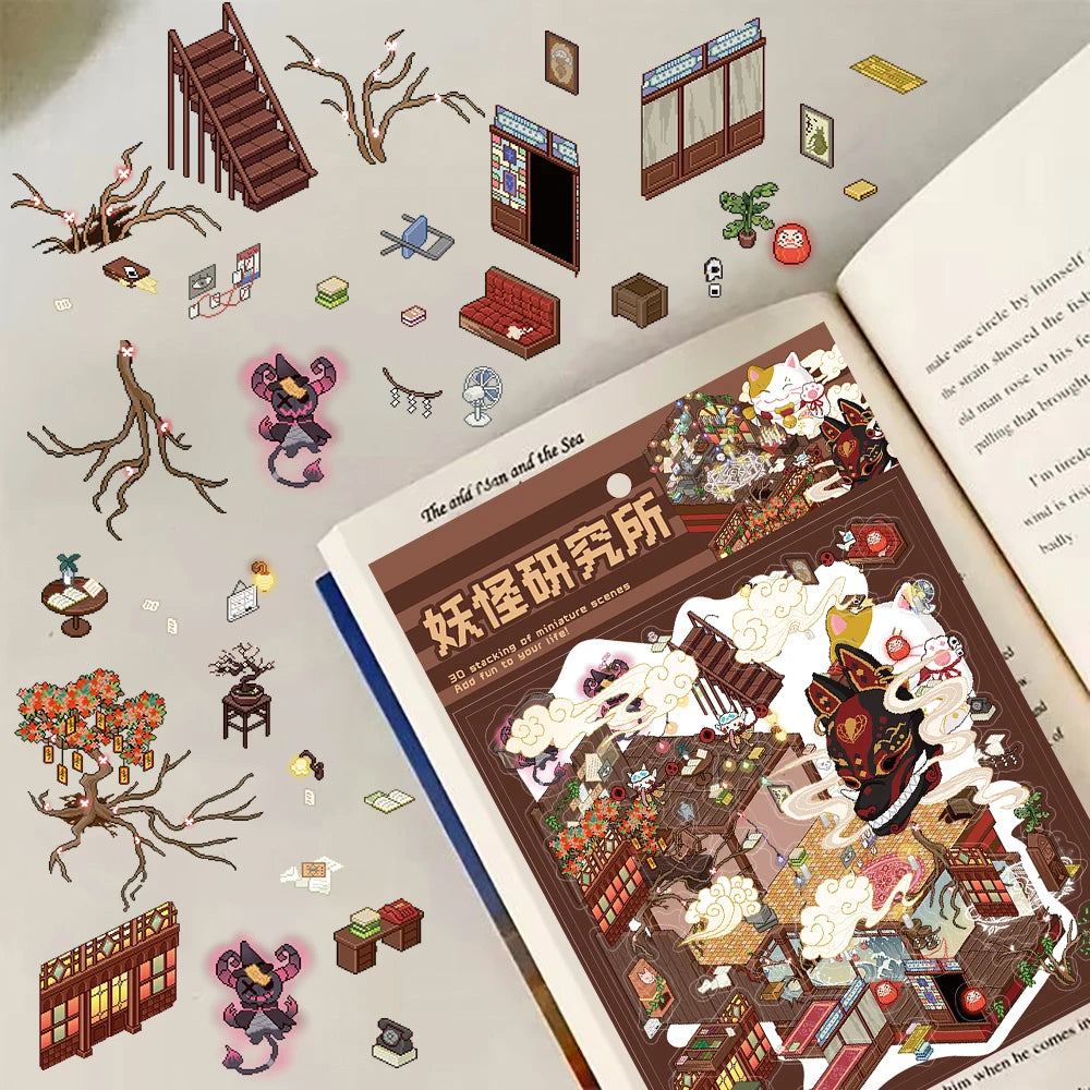 3PCS Monster Research Institute Sticker Festival style Coffee Bar Home Decoration Dormitory Notebook Bedroom Paintings