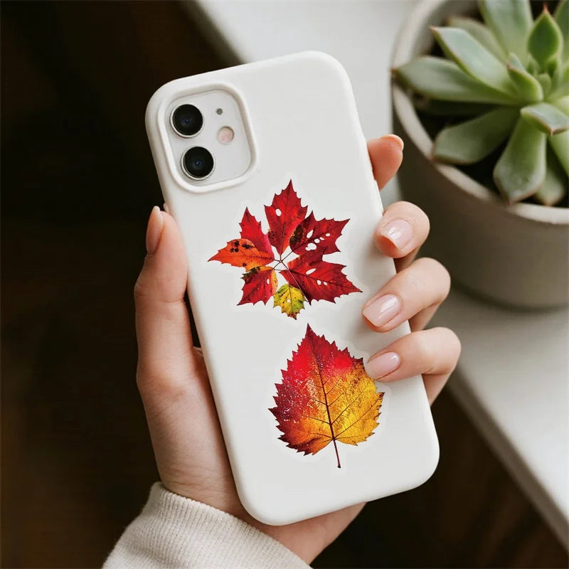 56PCS Red Leaf PET Sticky Sticker Aesthetic Tear Open DIY Decoration Scrapbooking School Stationery Supplies for Kids