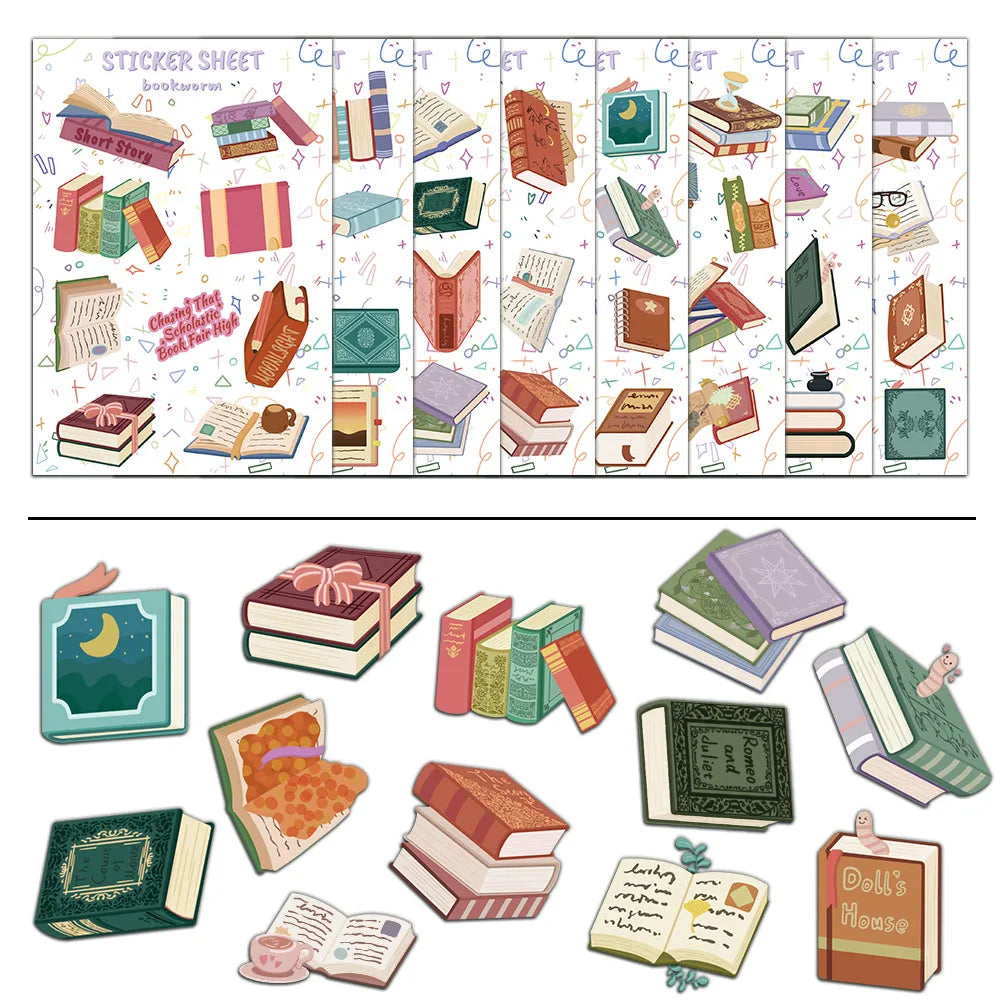 8/16Pcs Bookworm Landscape Sticker Retro Cartoon Harajuku Luggage Aesthetic Bicycle DIY Stationery Notebook Landscape Sticker