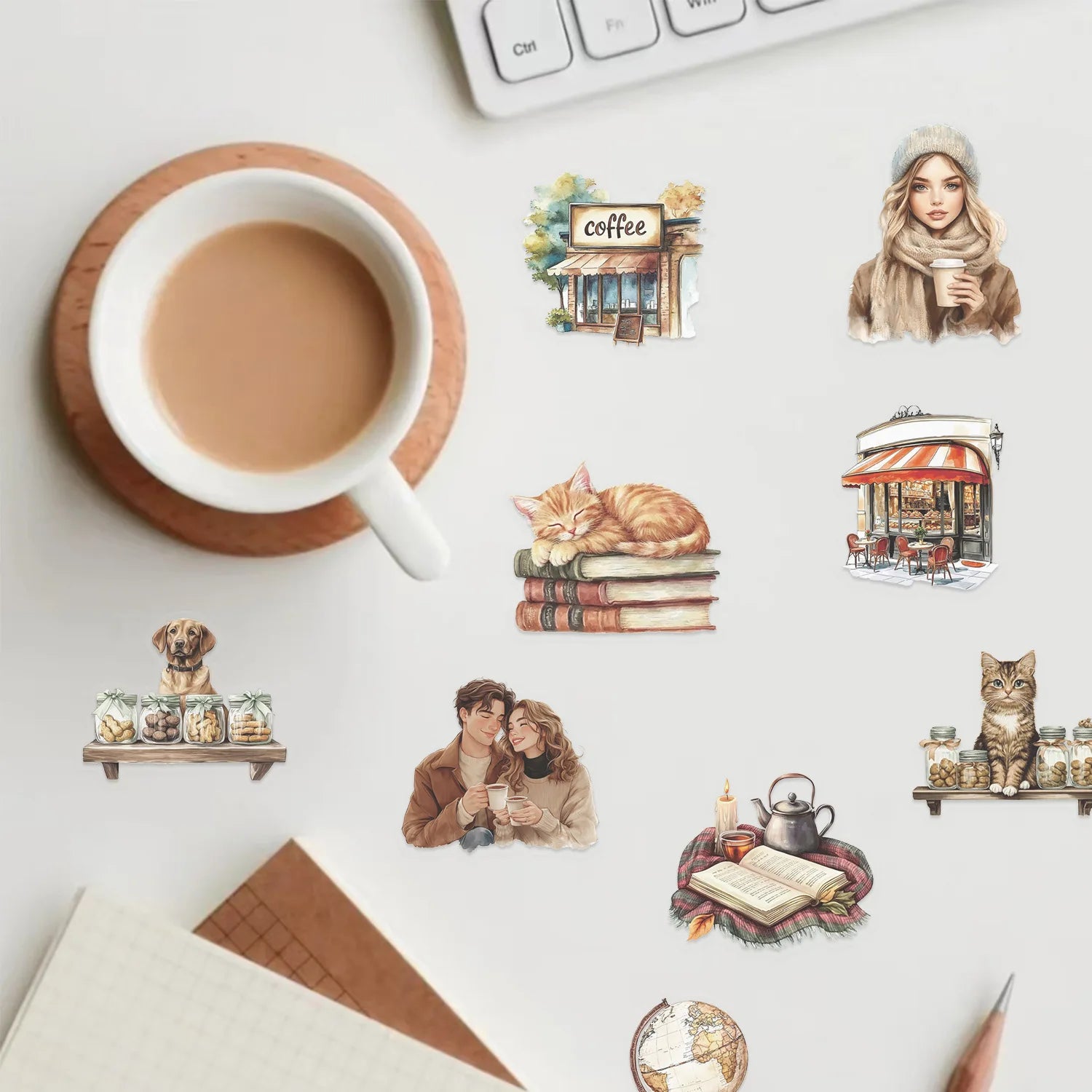 50/100Pcs Cartoon Coffee Book Theme Sticker Pack Waterproof Transparent PET Decor Decals Stationery Guitar Notebook Sticker