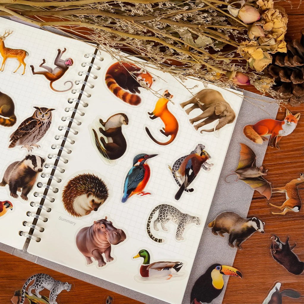 56/112 Pcs Realistic Forest Animal PET Stickers Waterproof No Repeat for Stationery Box Fridge Helmet Car Vase Decoration