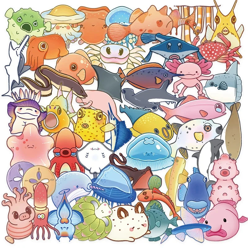 50PCS Cartoon Fish Colored PET Sticky Sticker Aesthetic Tear Open Children's Decoration Scrapbooking School Stationery Supplies