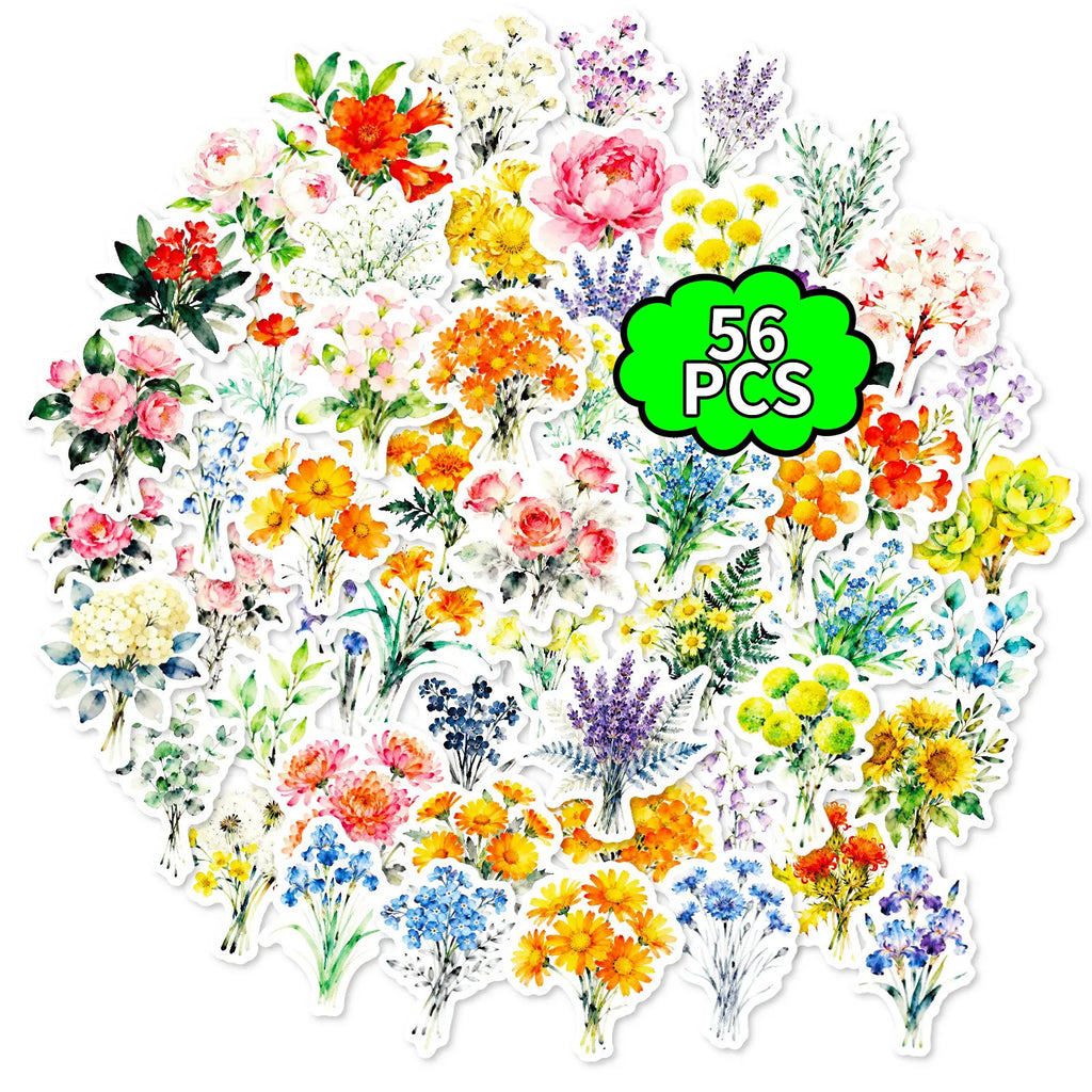 56PCS Fresh Plant Flower Stickers, Phone Cup Suitcase Diary Notebook Kids Stationery Decorative Art Decals Sticker