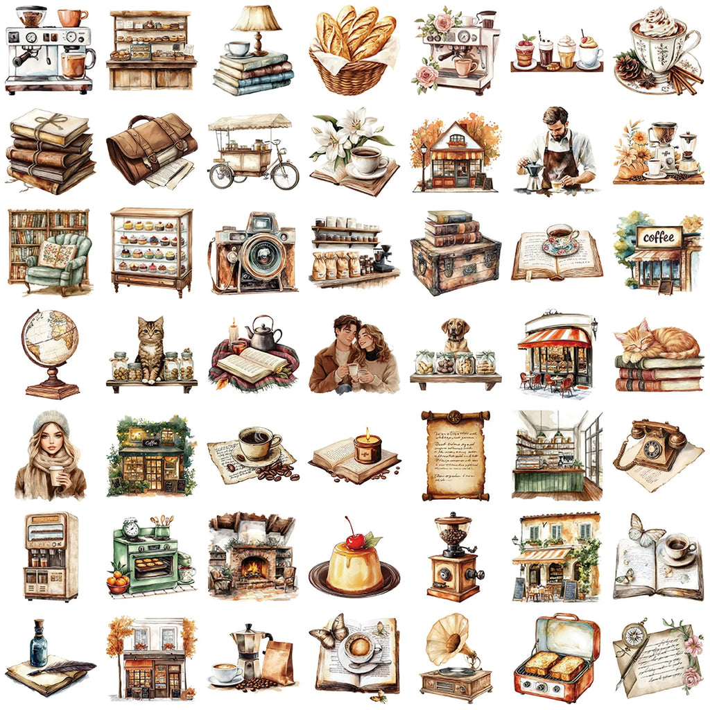 50/100Pcs Cartoon Coffee Book Theme Sticker Pack Waterproof Transparent PET Decor Decals Stationery Guitar Notebook Sticker