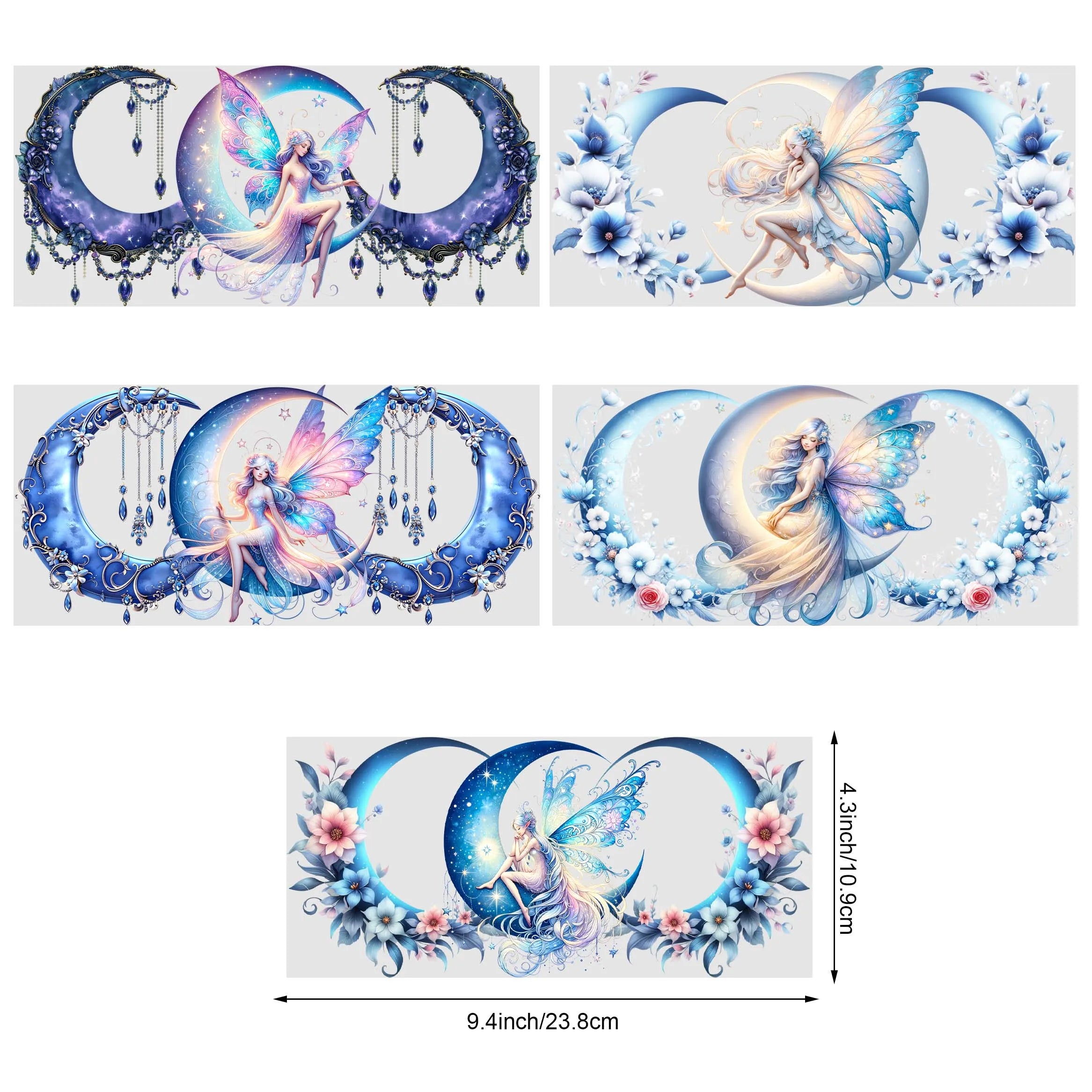 5 Sheets Moon Fairy UV DTF Cup Stickers, Glass Cup DTF Transfer Stickers, Waterproof Wipeable Transfer Paper