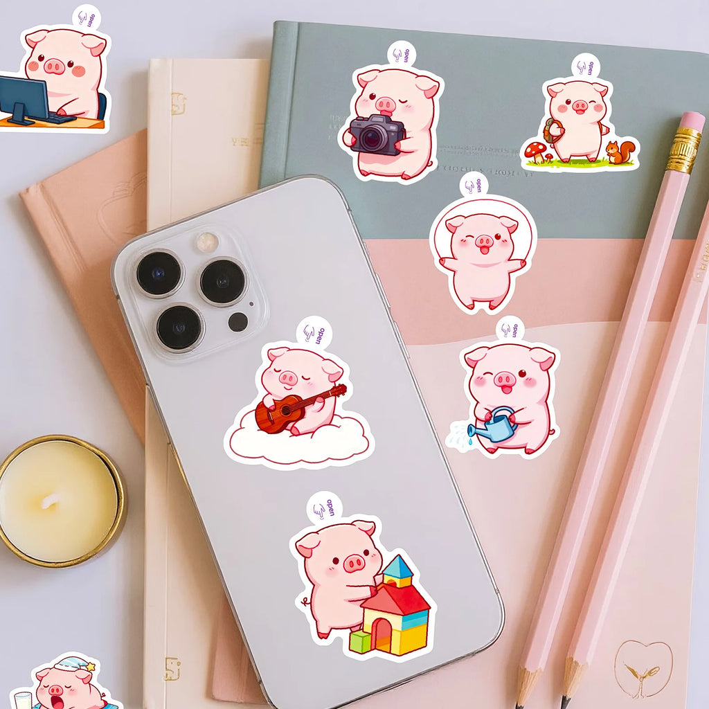 50/100 Pcs Fun Cartoon Pink Pig Funny Theme Stickers No Repeat for Stationery Box Notebook Helmet Car Scooter Suitcase Decals