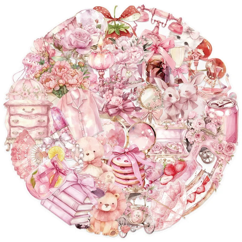 50PCS Cartoon Pink PET Sticky Sticker Aesthetic Korean Stationery DIY Decoration Scrapbooking School Supplies for Kids