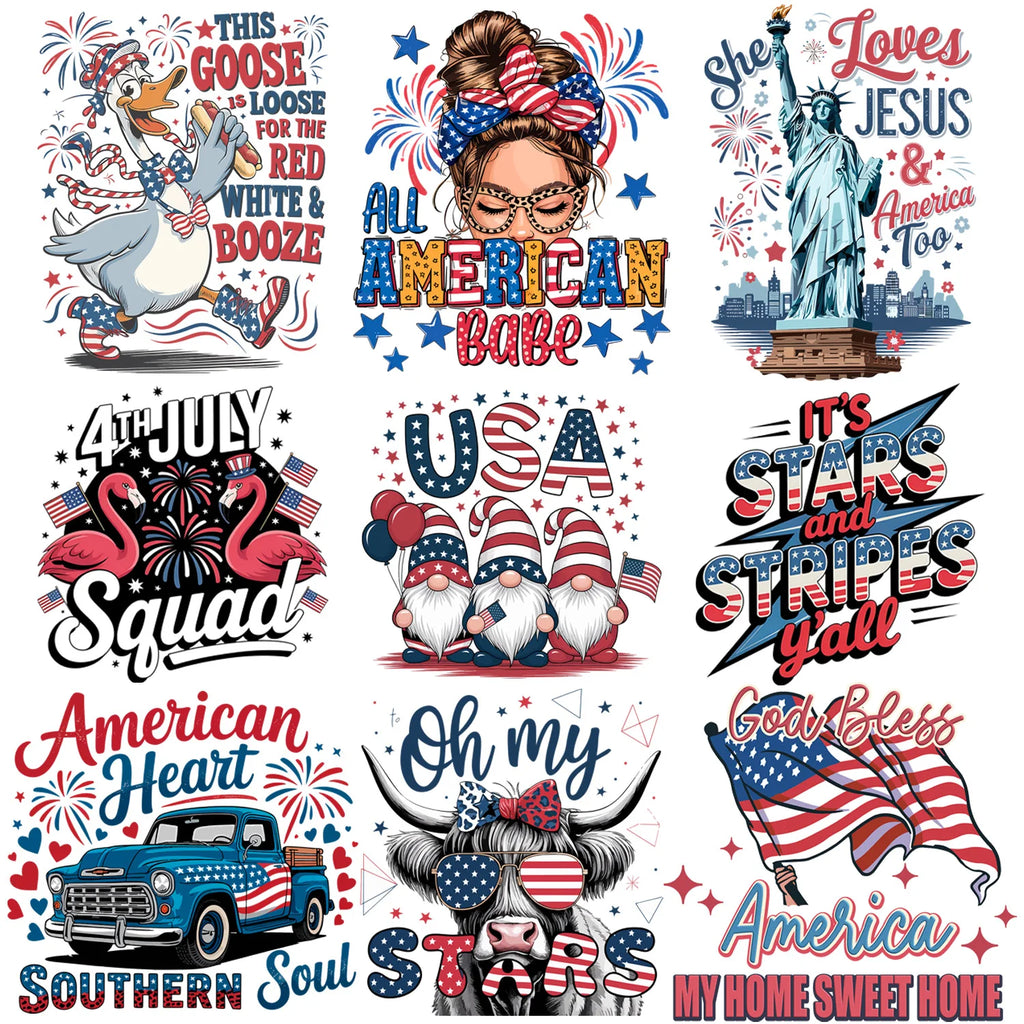 9 sheets flag series DIY Independence Day themed iron-on decals, July 4th themed heat transfer DIY for clothing, T-shirts, jeans