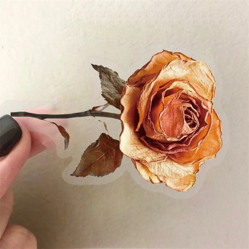 50PCS Vintage Wizened Rose PET Sticky Sticker Aesthetic Tear Open DIY Colored Decoration Scrapbooking School Supplies for Kids