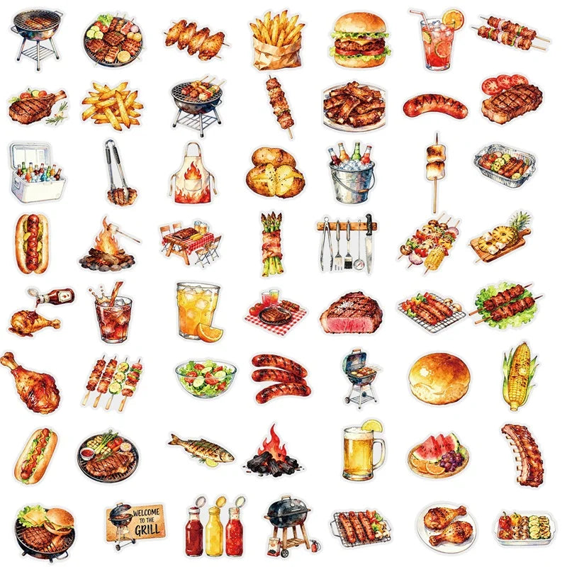 56PCS Colored Roast Food PET Sticky Sticker Aesthetic Tear Open DIY Decoration Scrapbooking Stationery Supplies for Kids