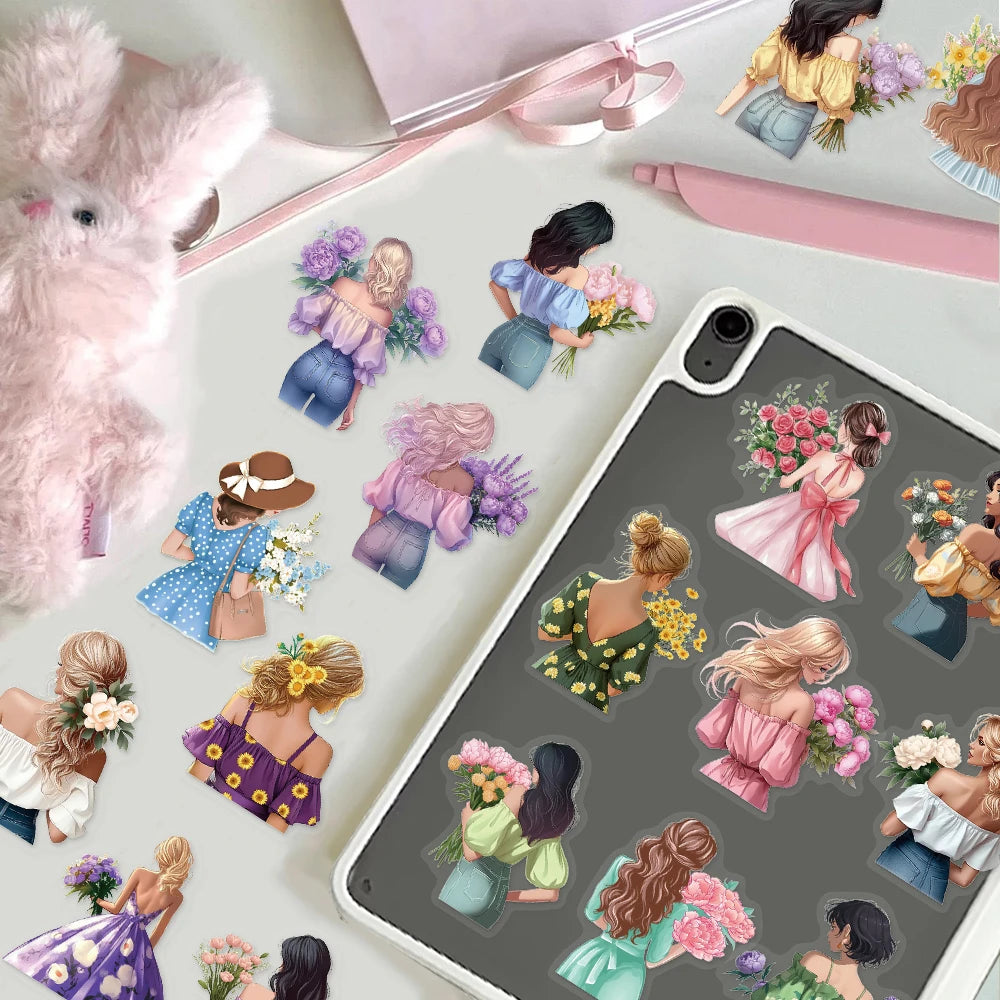 50PCS Flower Girl Cartoon Cute Decorative Transparent PET Sticker Set DIY Brochure Decorative Notebook Tablet Toy Stickers