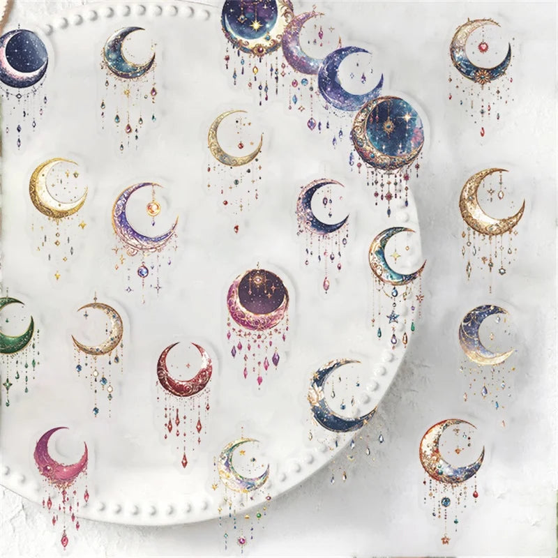 50PCS Dreamy Starry Moon PET Sticky Sticker Aesthetic Tear Open DIY Decoration Scrapbooking School Stationery Supplies for Kids