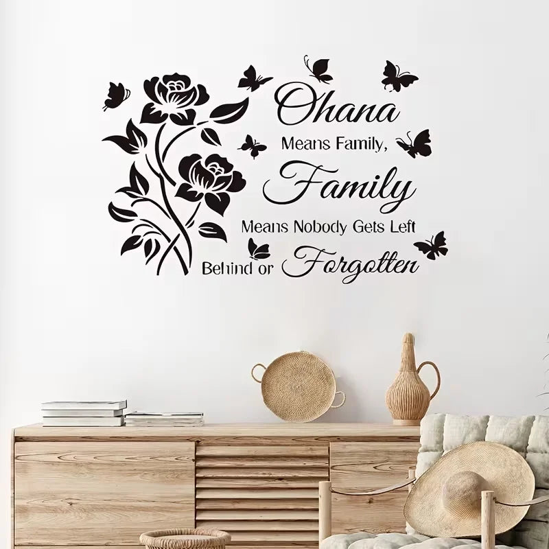 One Ohana Family Quote Wall Sticker | Roses & Butterflies Design | Home Decor Art Set for Indoors, Windows, Doorways, Mirrors &