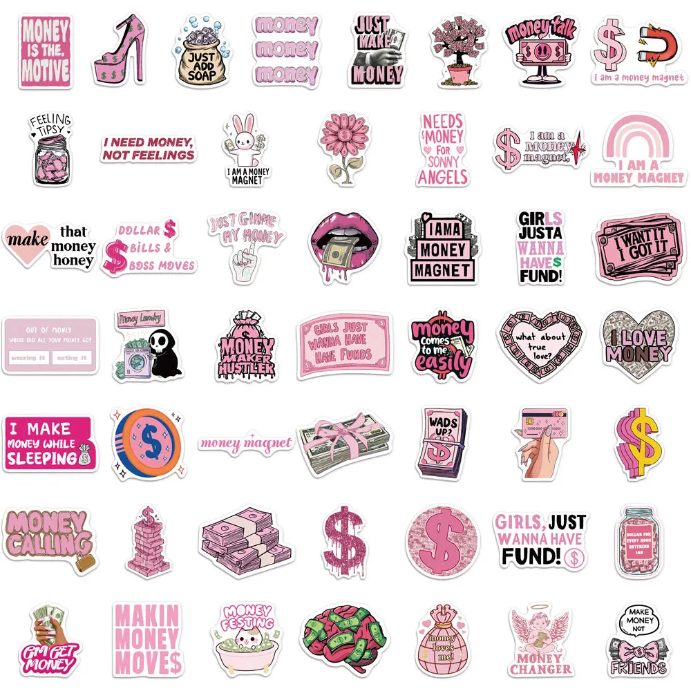 50PCS Money Pink Fun Stickers DIY Manual Speaker Decorative Bag Notebook Water Cup Label Stickers