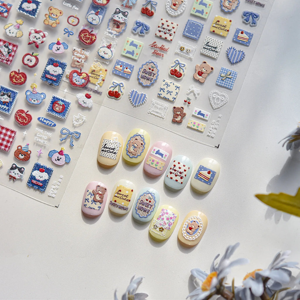 Cute Teddy Bear Sweet Home Nail Stickers 5D Softs Embossed Reliefs Nail Sticker Cherry Apple Cowboy Bow Nails Decorations Decals