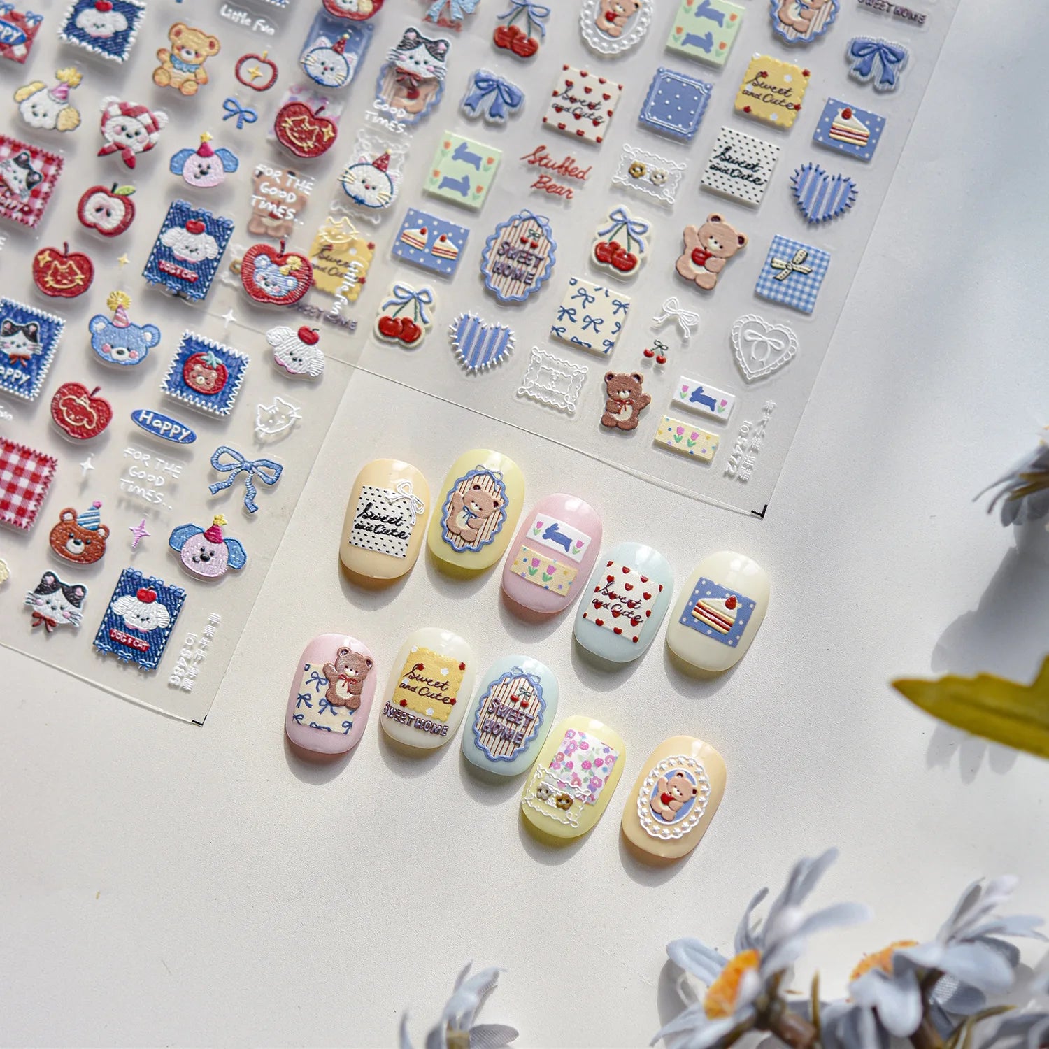 Cute Teddy Bear Sweet Home Nail Stickers 5D Softs Embossed Reliefs Nail Sticker Cherry Apple Cowboy Bow Nails Decorations Decals