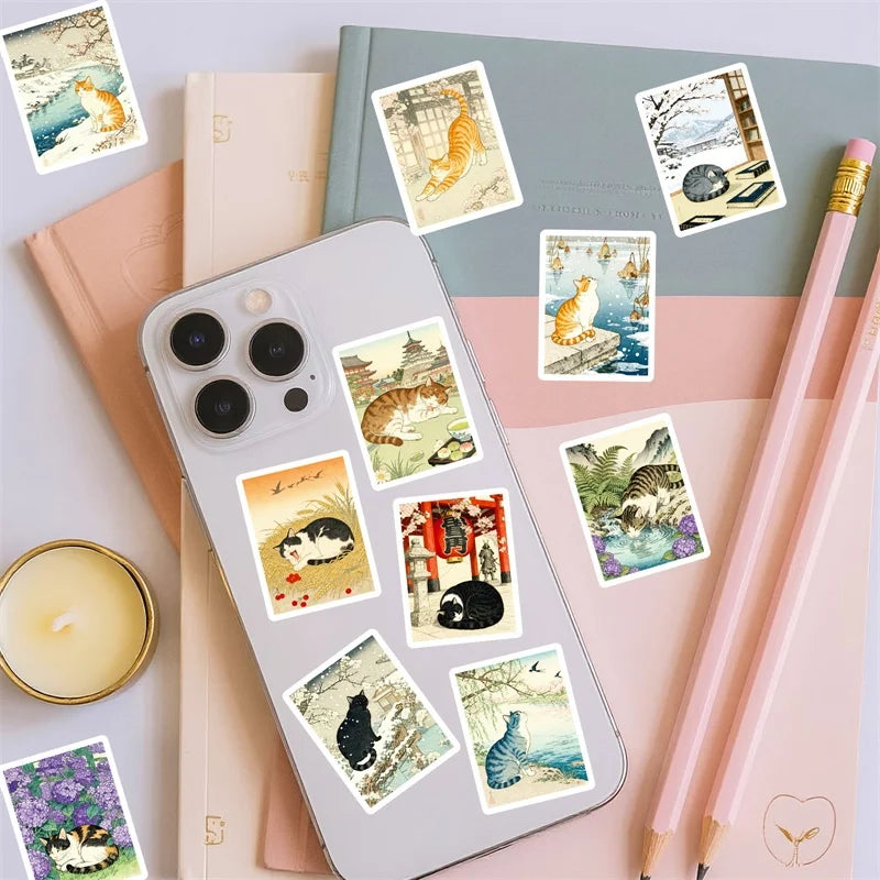 10/30/56PCS Kawaii Japanese Cat Colored PVC Sticky Stickers Aesthetic DIY Phone Laptop Luggage Skateboard Graffiti Decals