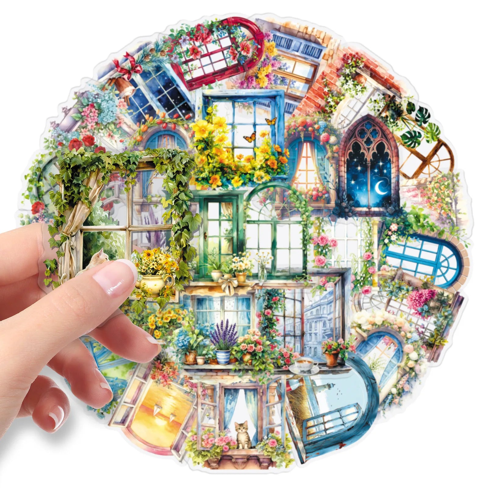 50PCS Transparent Window Flower PET Stickers, INS Forest Style Student Notebook Phone Case Waterproof Decorative Art Sticker