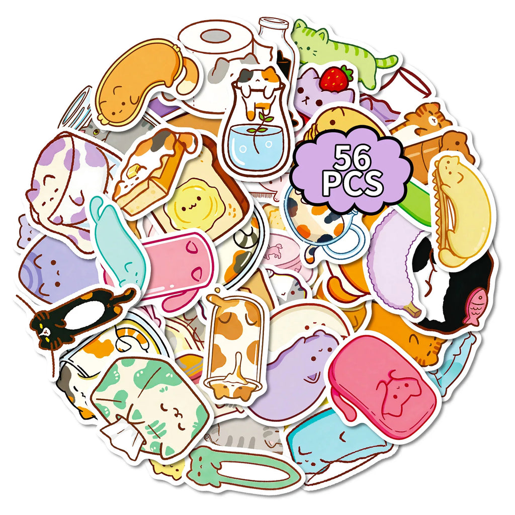 56PCS Cute Cat Bread Doodle Stickers Student Stationery Notebook Diary Office Supplies Storage Box Guitar Waterproof Stickers
