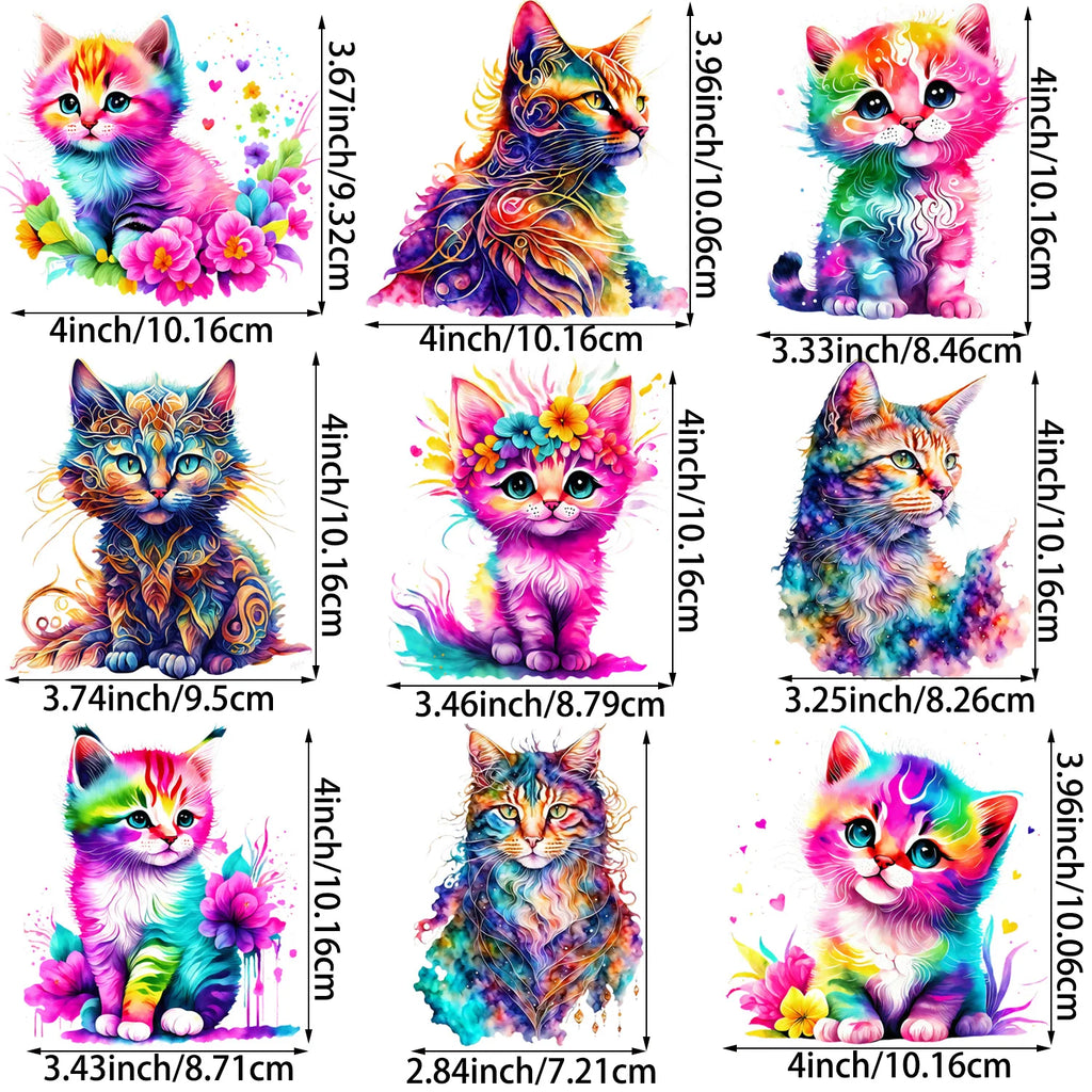 9 Pack Watercolor Cute Floral Cat Theme Pattern Iron-On Transfer Sticker Design Floral Cat Decal Heat Press Decal