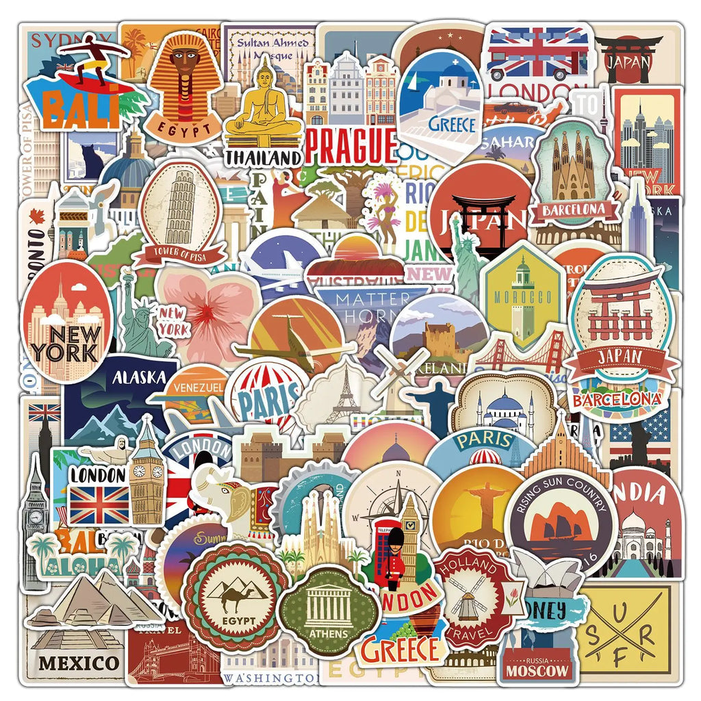 100Pcs World Famous Travel Landmark Doodle Stickers, Stationery Notebook Phone Guitar Fridge Luggage Waterproof Decals Stickers