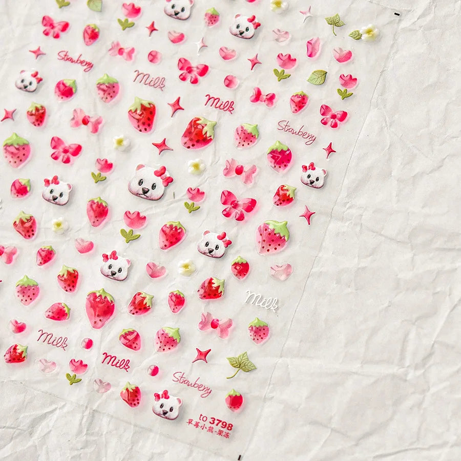 1pcs Cute 5D Jelly Nail Stickers Dessert Fruit Cherry Pink Claw Print Bowknot Love Nail Art Sticker Adhesive Manicure Decals DIY