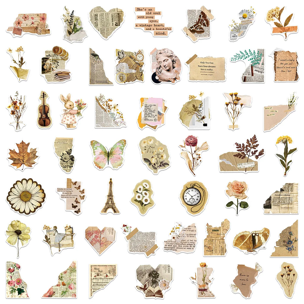 50/100 Pcs Vintage Book Aesthetic Element Stickers DIY for Helmet Guitar Skate Cup Stationery Box Diary Desk File Holder Decals