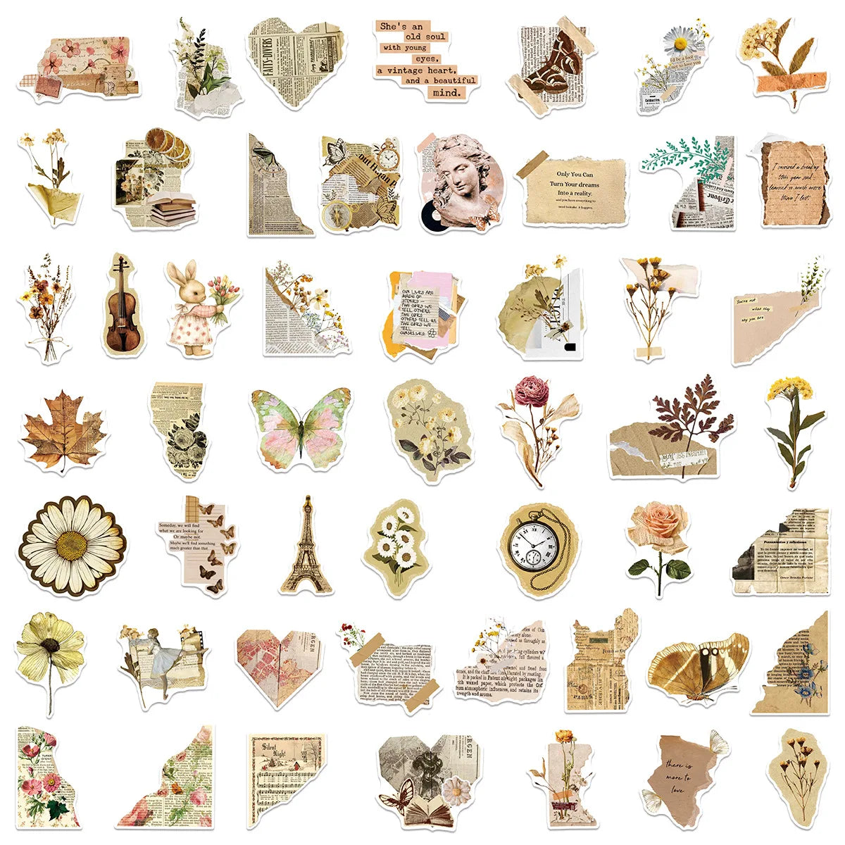 50/100 Pcs Vintage Book Aesthetic Element Stickers DIY for Helmet Guitar Skate Cup Stationery Box Diary Desk File Holder Decals